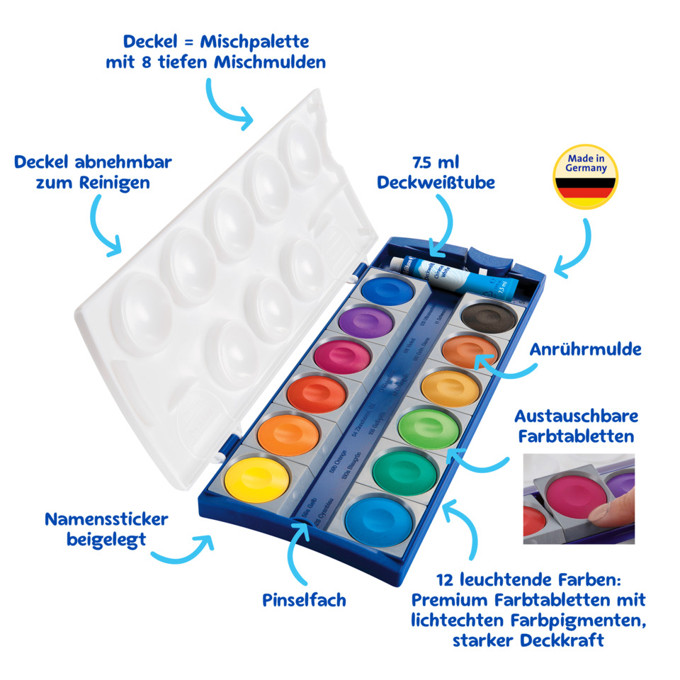 Aquarellfarben, Malkasten, Farbtöpfchen, Deckel abnehmbar, 12 Farben