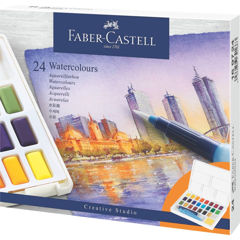 Aquarellfarben, Malset, Farbpalette, Pinselstift, Stadt skyline