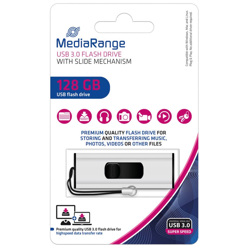 USB-Stick, 128 GB, USB 3.0, Schiebe-Mechanismus, Schutzhülle