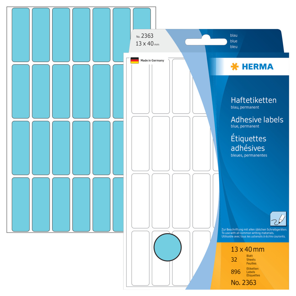 Adhesive labels,  Etikettenblatt, rechteckige Etiketten, blaue Etiketten, 13x40 mm, Haftetiketten, Adhesive labels, Blau, Permanent, 16x40 mm