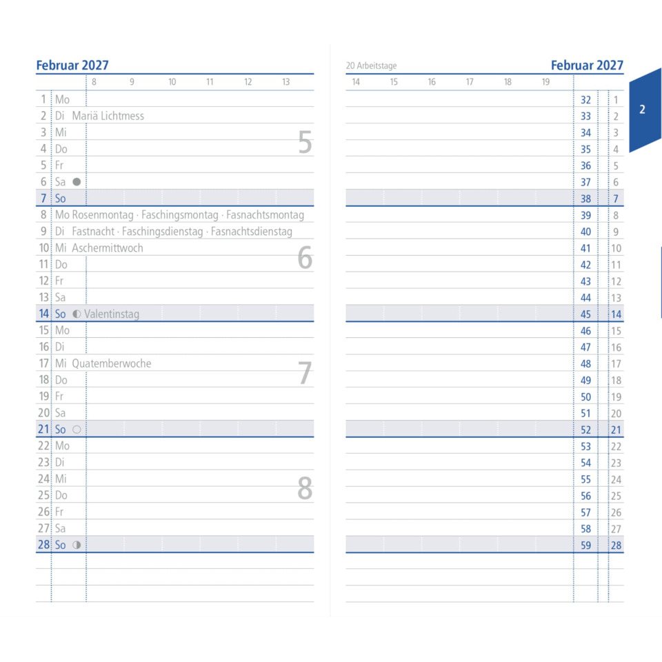 Kalender, Monatsansicht, Februar 2027, Woche, Terminplaner