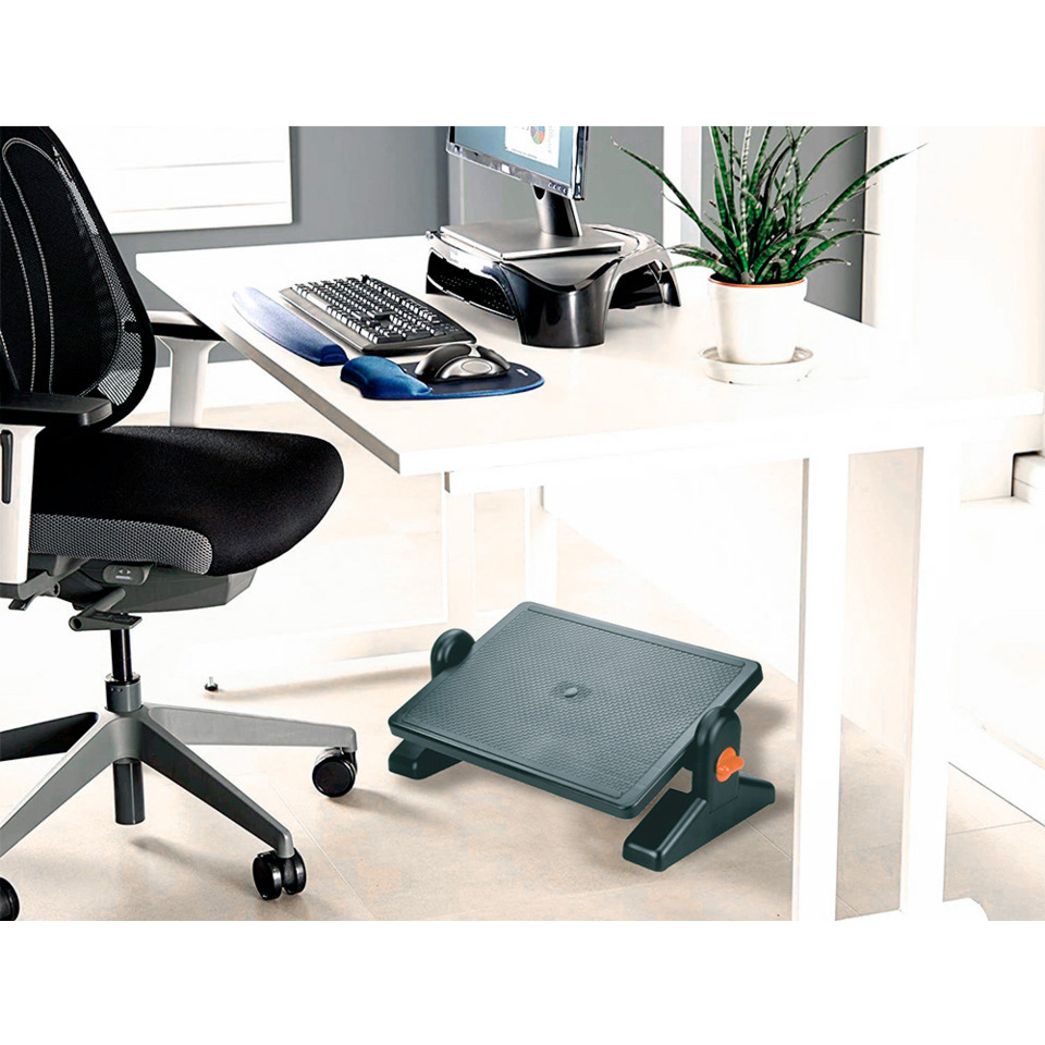 desktop, ergonomischer stuhl, bürotisch, fusspedal, fußstütze