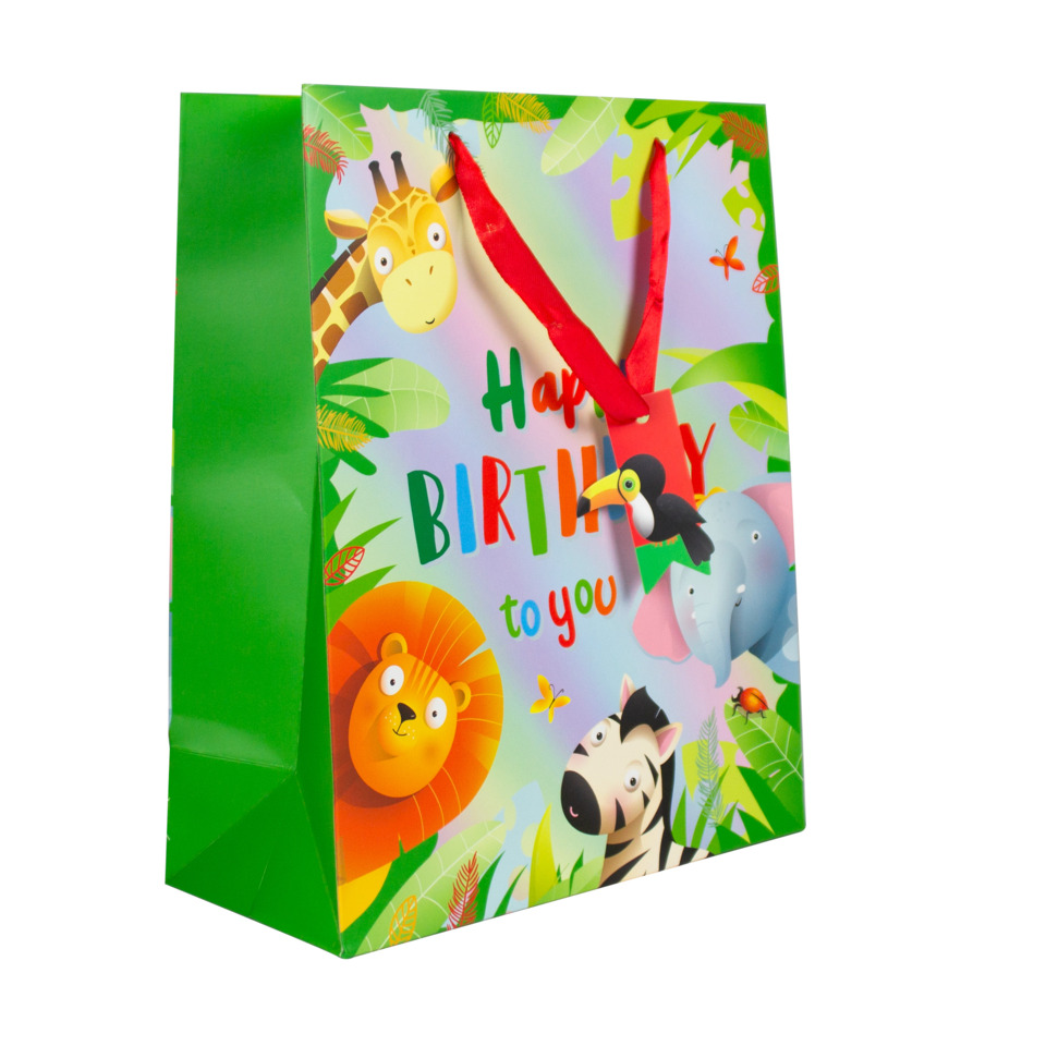Geschenkverpackung, Geburtstagsmotiv, Tiermotive, bunt, Papiertragetasche