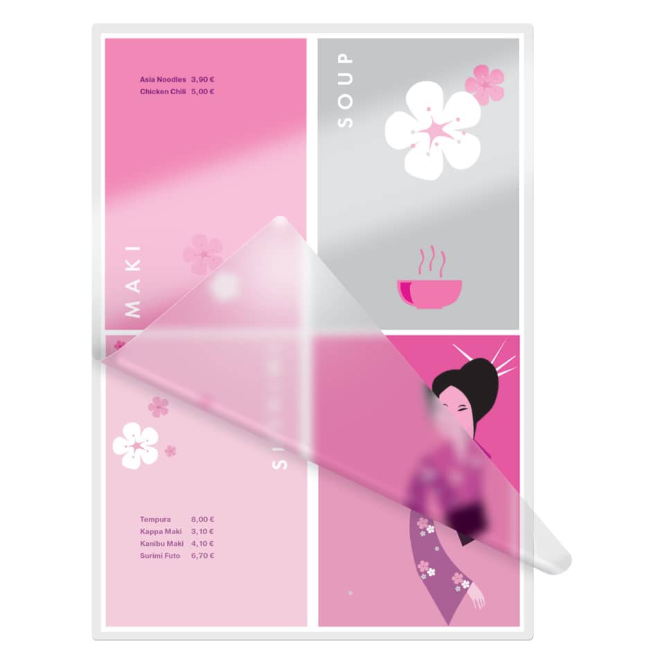 collage, pink graphics, soup bowl, kimono figure, flower pattern