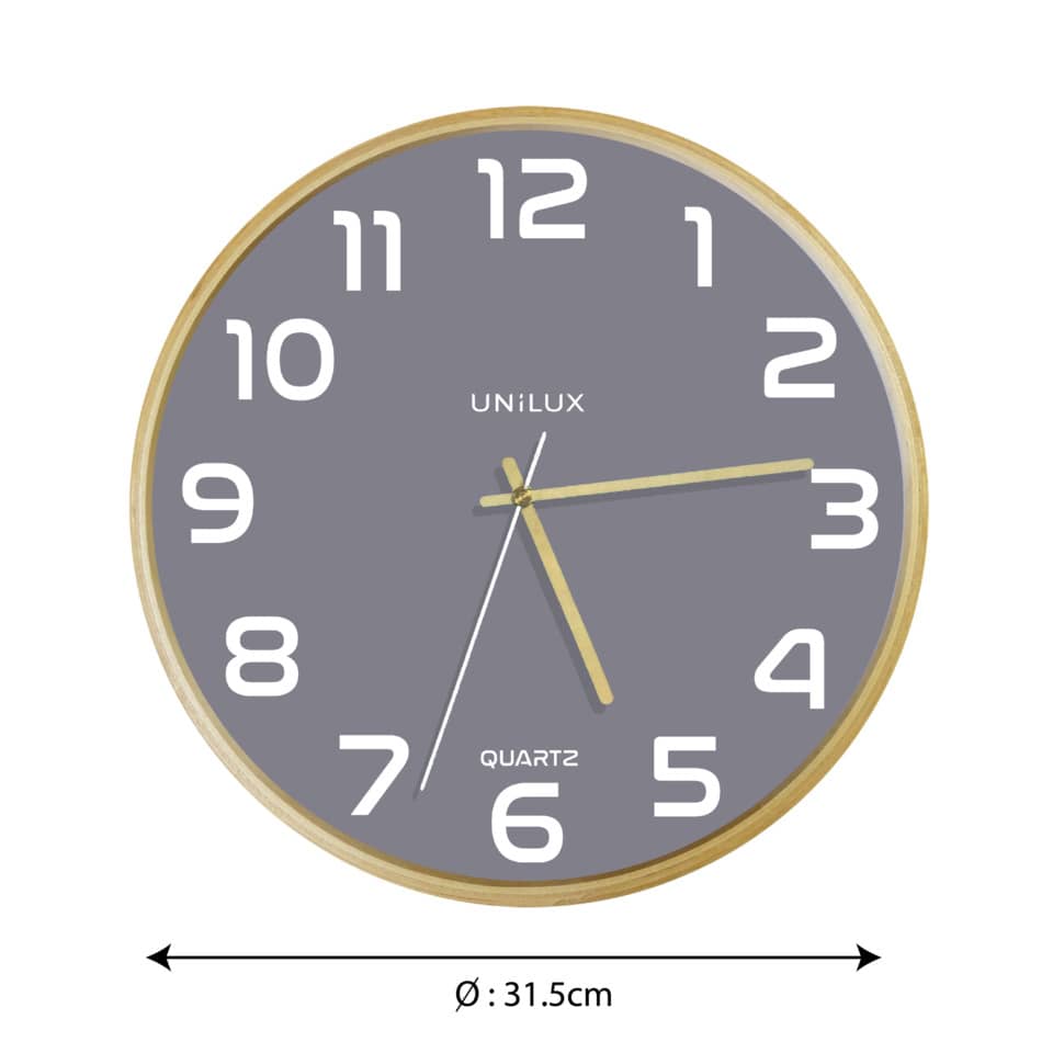wanduhr, quarz, runde uhr, gold rand, große ziffern