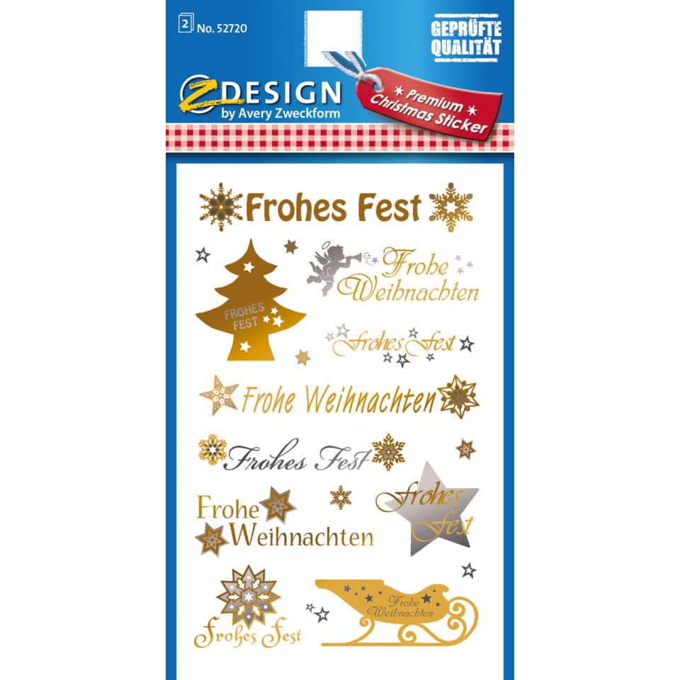 Sticker sheet, Christmas stickers, Gold decals, German phrases, Decorative elements