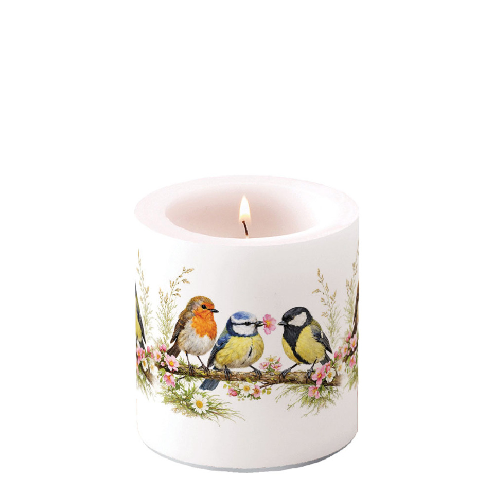 Kerze, Wachs, Tiermotiv, Blumenzweig, Bachvogel