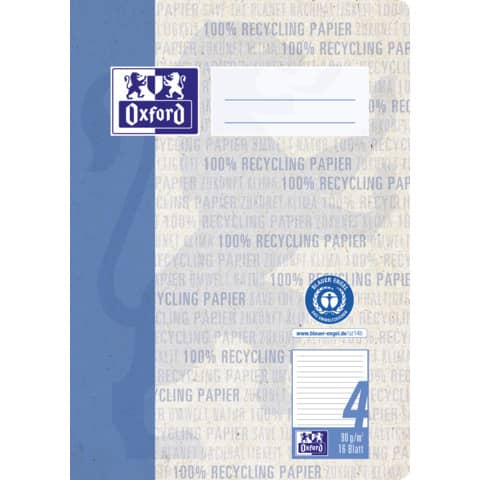 Heft Recycling, A5, 90g/m², 16 Blatt, Lin.4, liniert, blau OXFORD 400159457