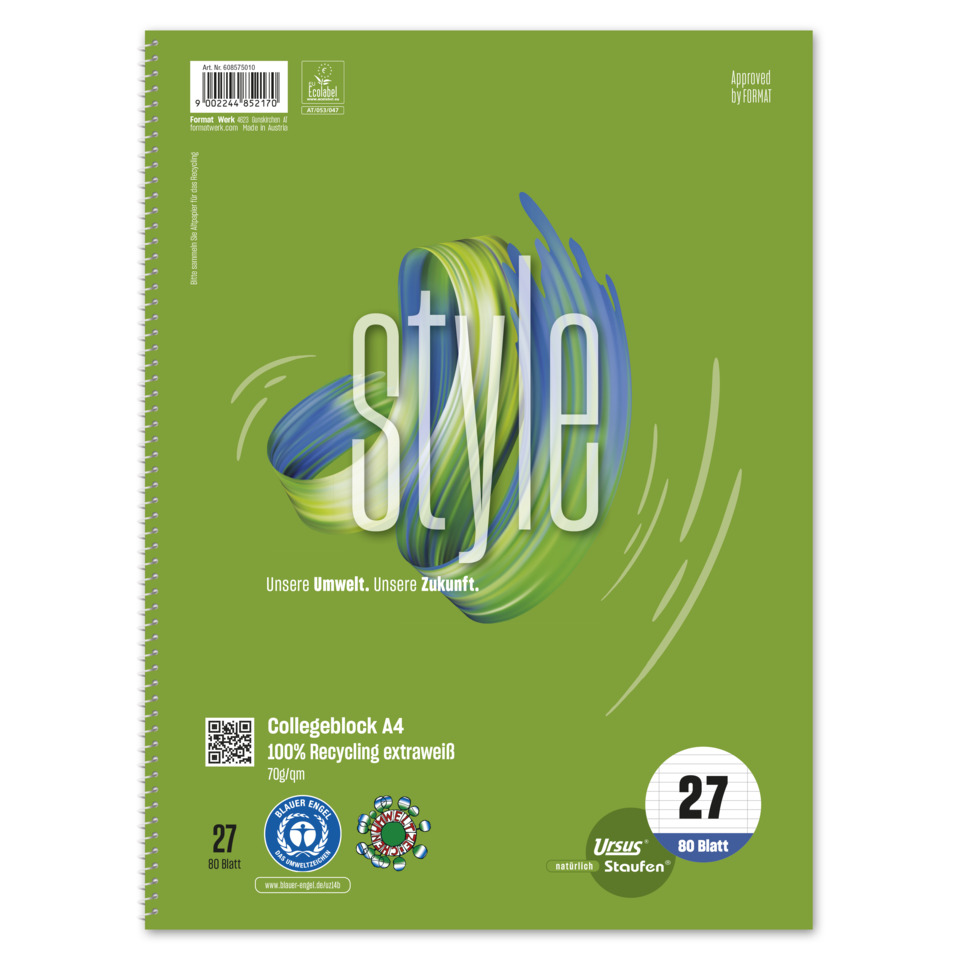 Notizbuch, A4-Format, Spiralbindung, Grün, Umweltfreundlich
