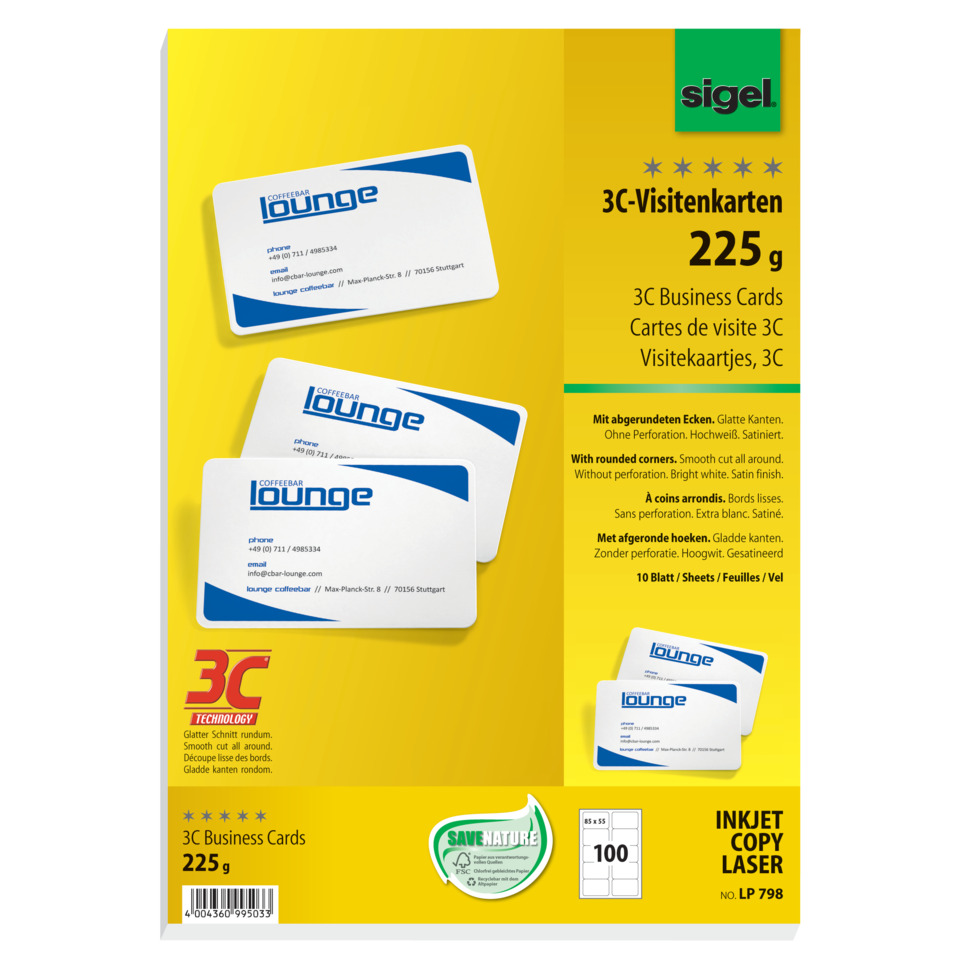 3C-visitenkarten, Kartenpackung, gelbe verpackung, Lounge-karten, SIGEL marke