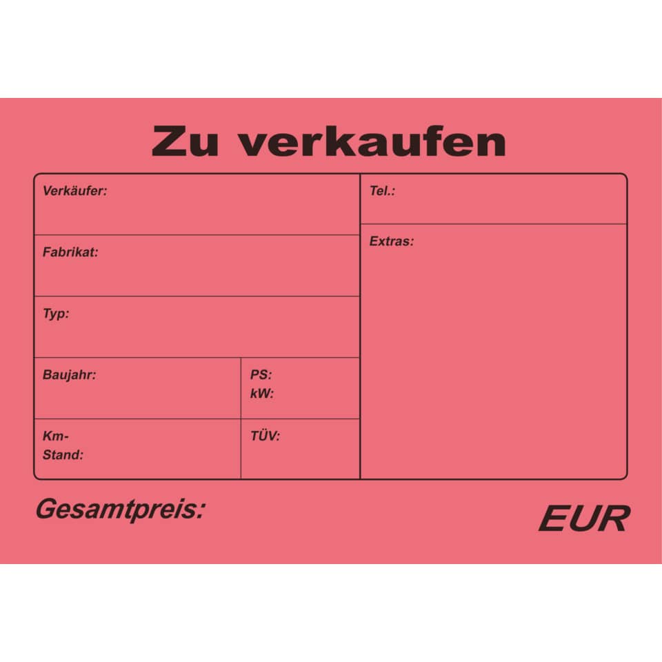 Zu verkaufen, Fahrzeugkarte, Plakat, Formular, EURO