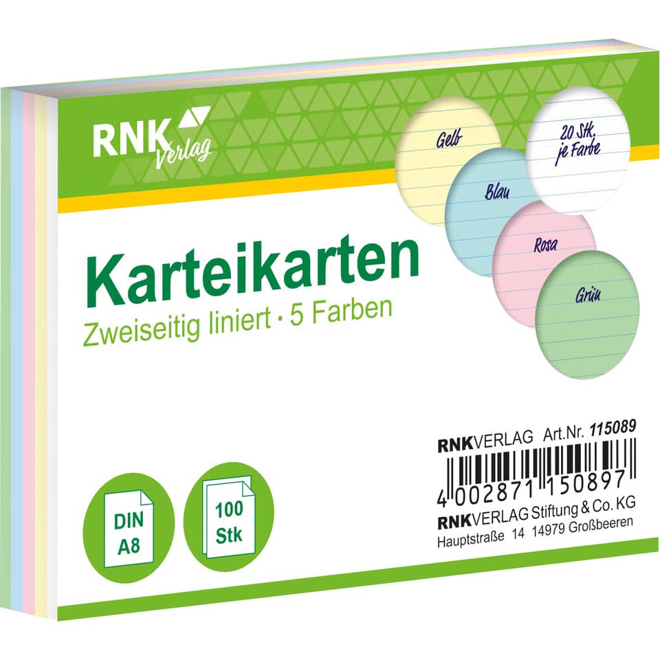 Karteikarten, Karten, Zweiseitig, 5 Farben, DIN A8