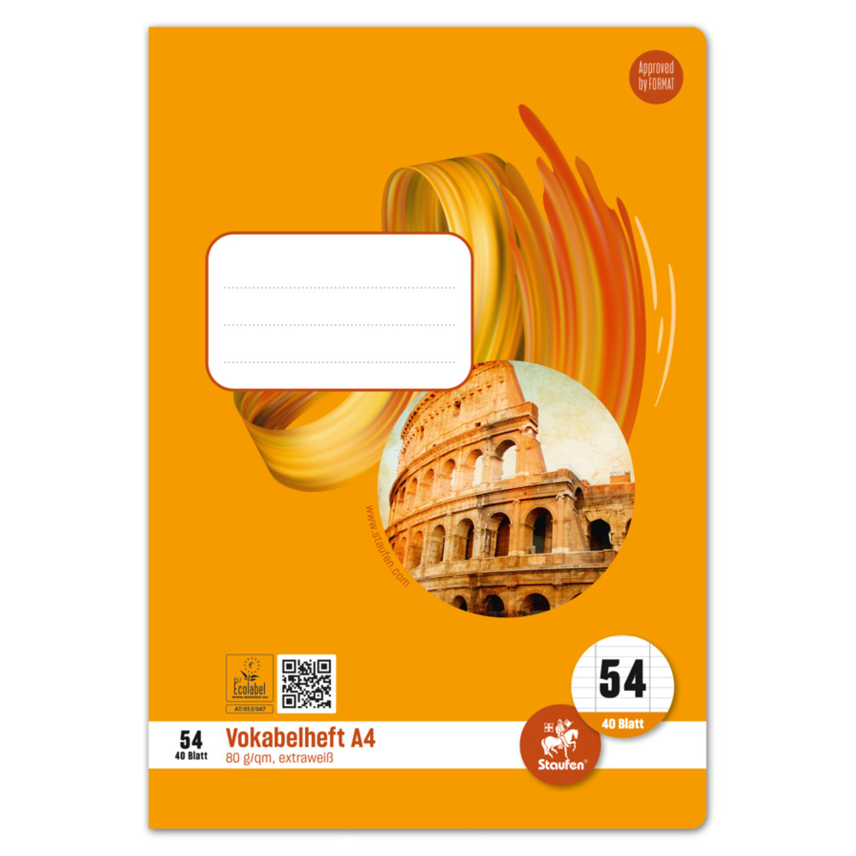 A4 Notizbuch, Vokabelheft, orange Einband, Kreise-Design, Colosseum Bild