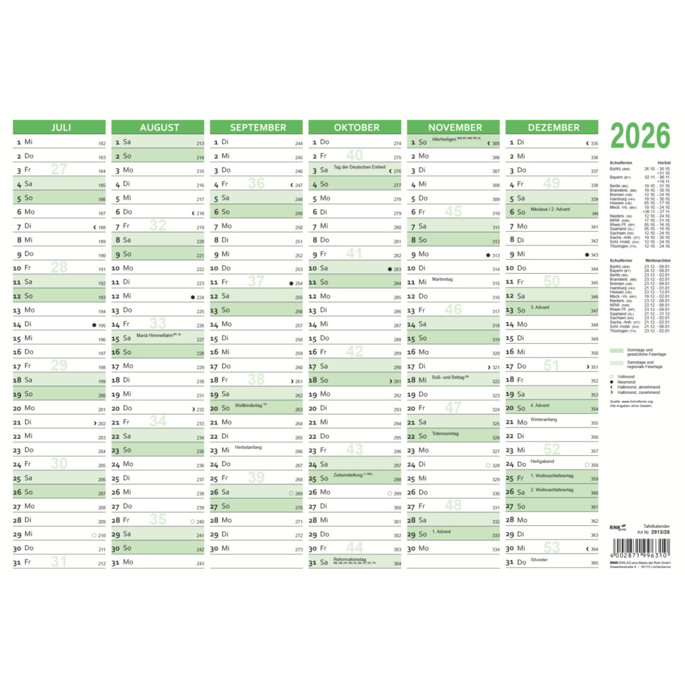 kalender, monatskalender, juli, 2026, grünes design