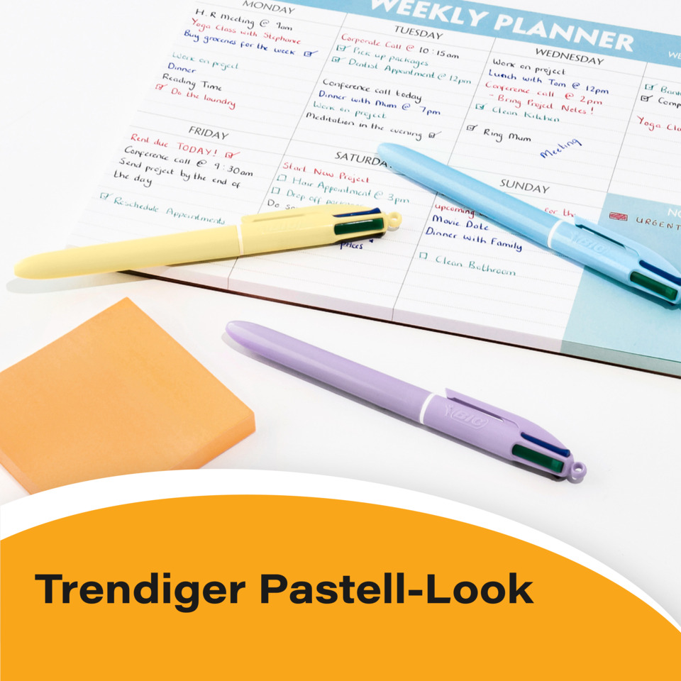 Planer, Schreibtisch-Setup, Pastellstifte, Haftnotizen, Büromaterial
