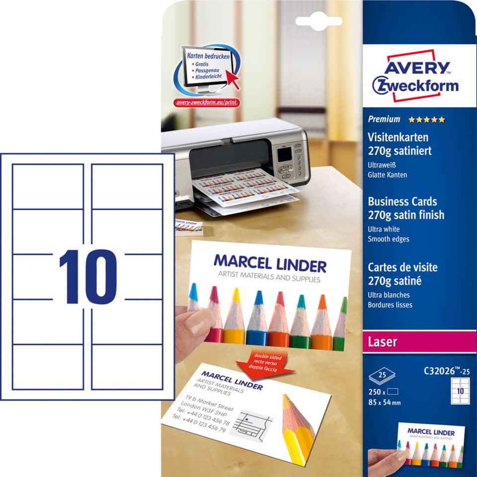 Visitenkarten, Kartenpapier, 270g satinierte Visitenkarten, Laser, Kunstbedarf