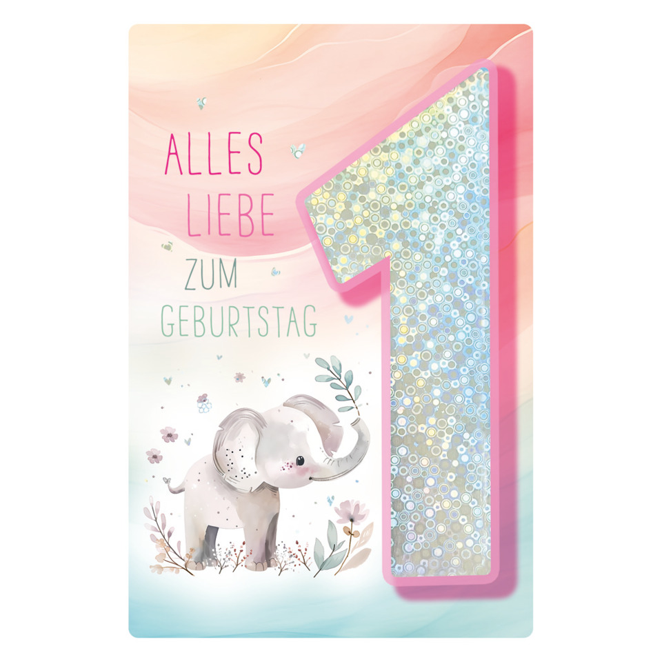 Geburtstagskarte, Elefant, Pastellfarben, Blumen, Zahl1