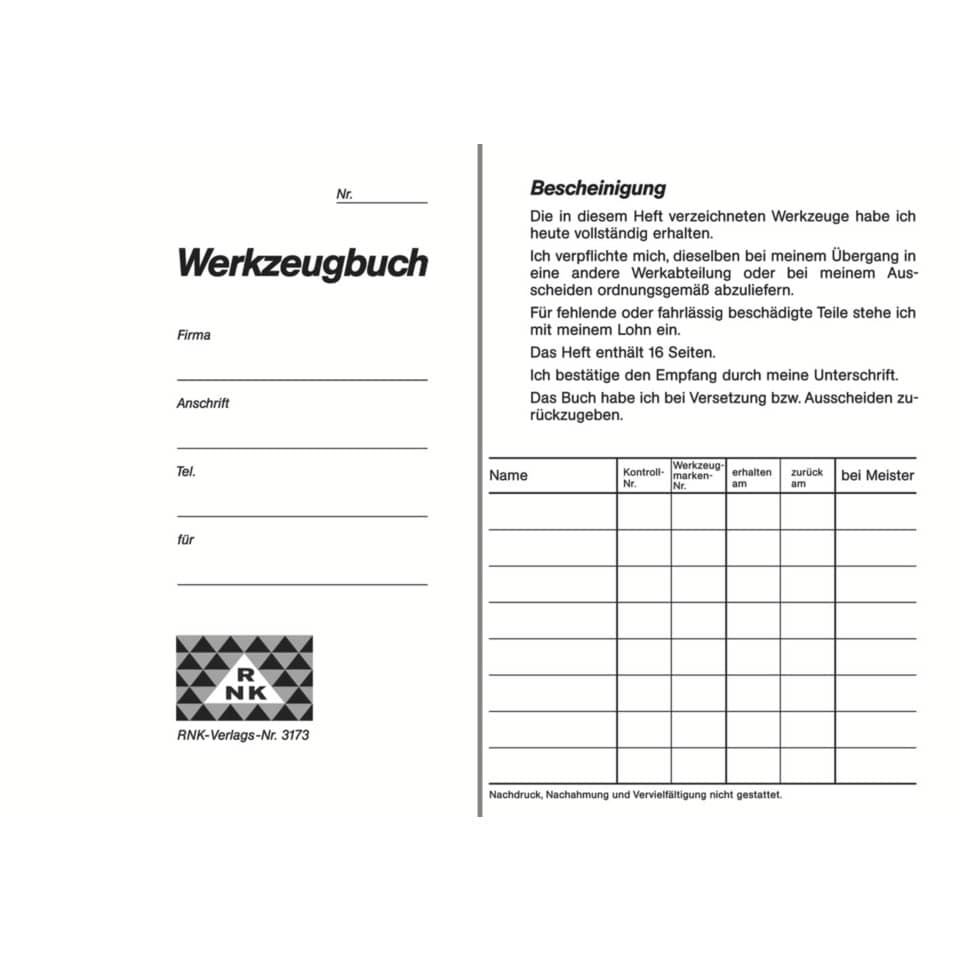 Werkzeugbuch, Notizbuch, Logo RNK, Verlag, Taschenbuch