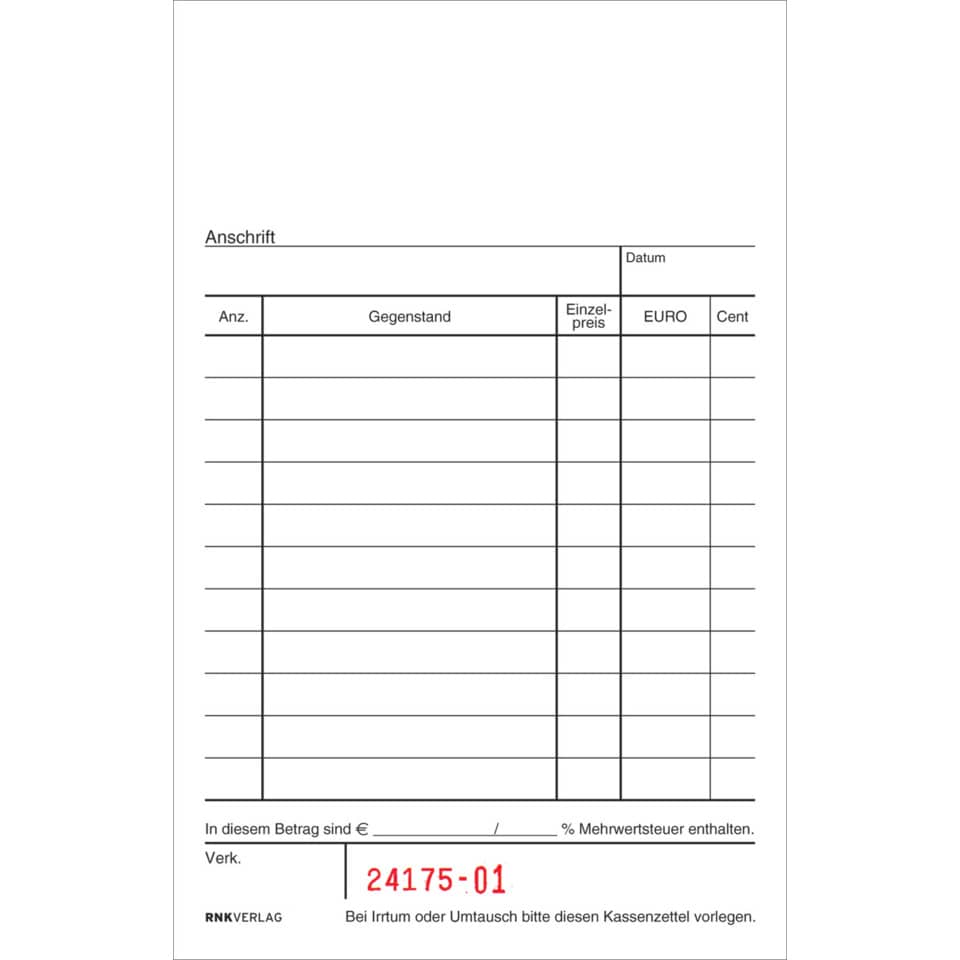 Kassenbeleg, Kassenquittung, Rechnungsformular, Belegblatt, EURO-Cent