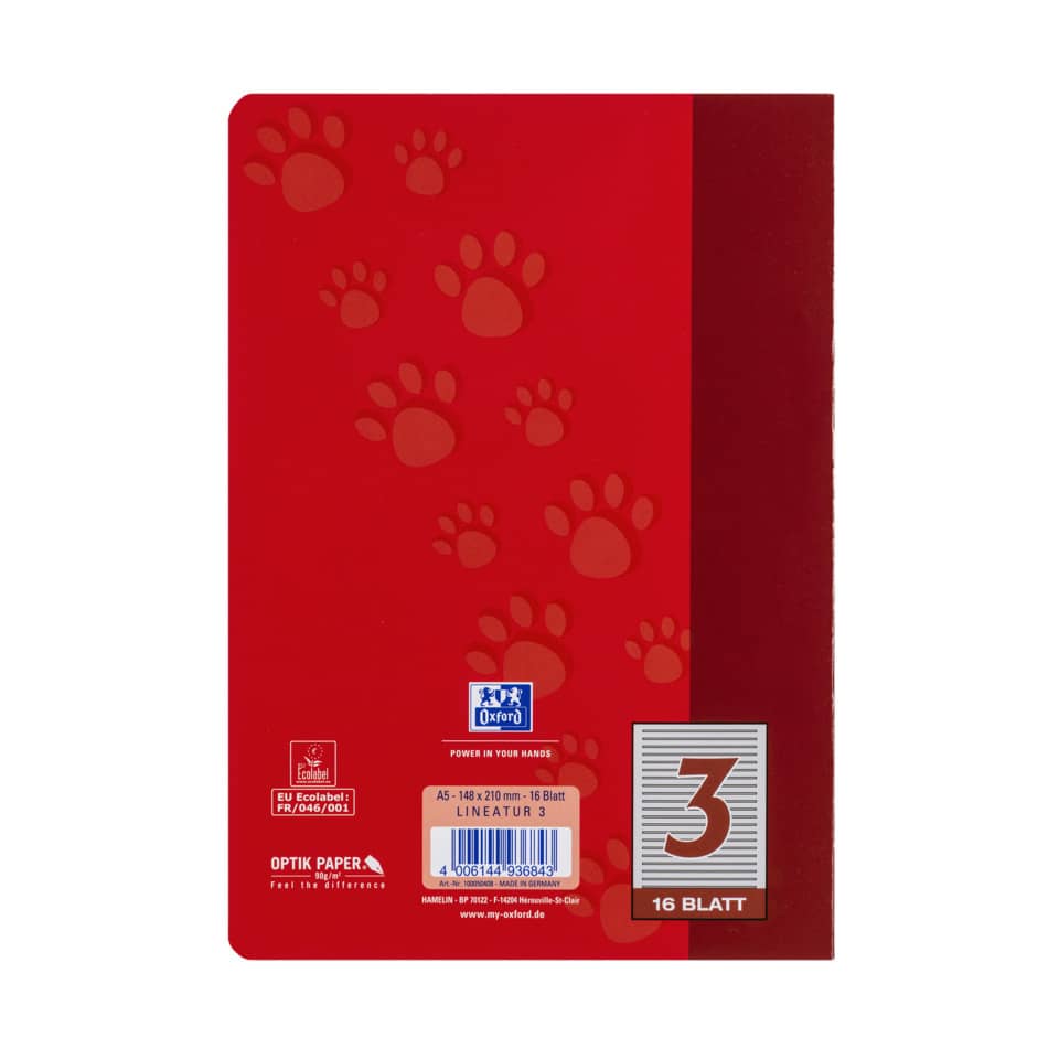 notebook, rote deckel, pfotenabdruck Muster, A5, 16 Blätter