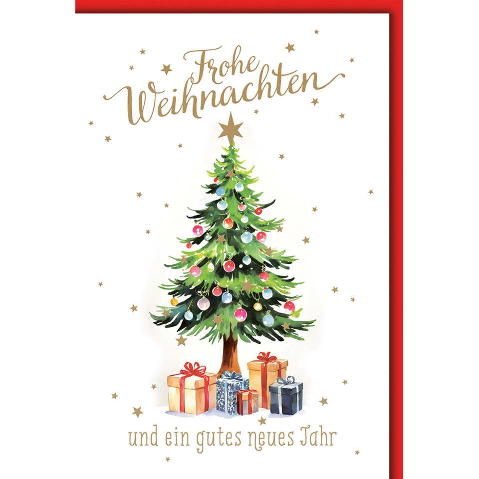 Weihnachtskarte, Weihnachtsbaum, Geschenke, Sterne, Kartenmotiv