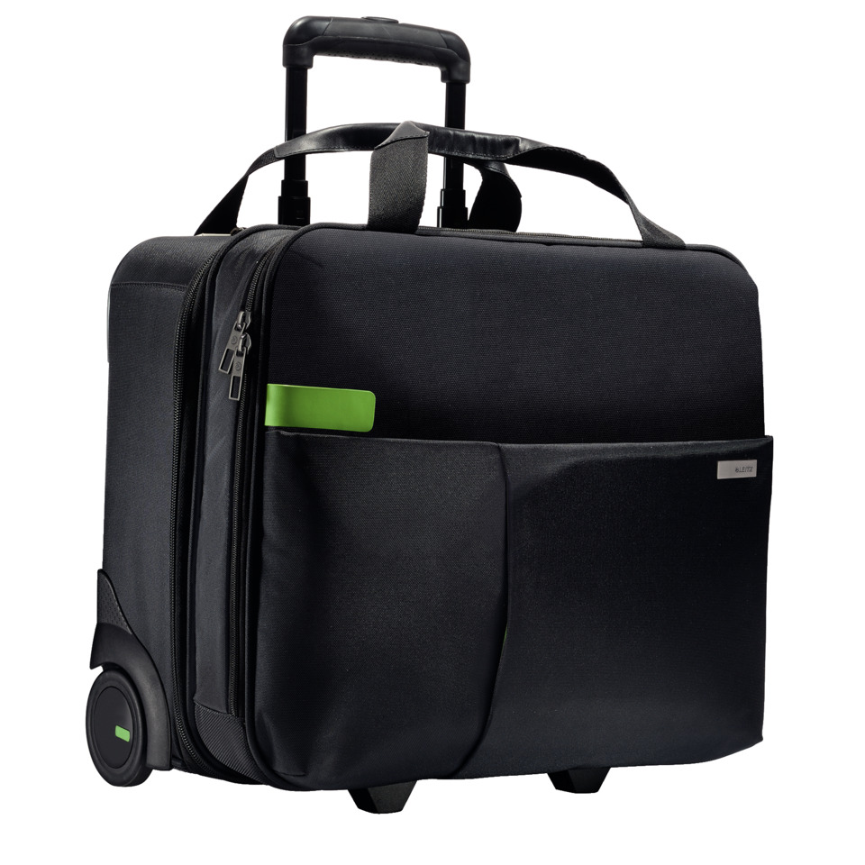 Koffer, Trolley, Laptoptasche, Rucksack auf Rollen, Seitentasche, roll-aboard bag, luggage trolley, black bag, corner pocket, green accent