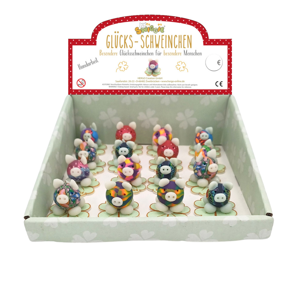 Schweinefiguren, Knetfiguren, Miniaturtiere, Harlequin-Figuren, Verpackung mit Display