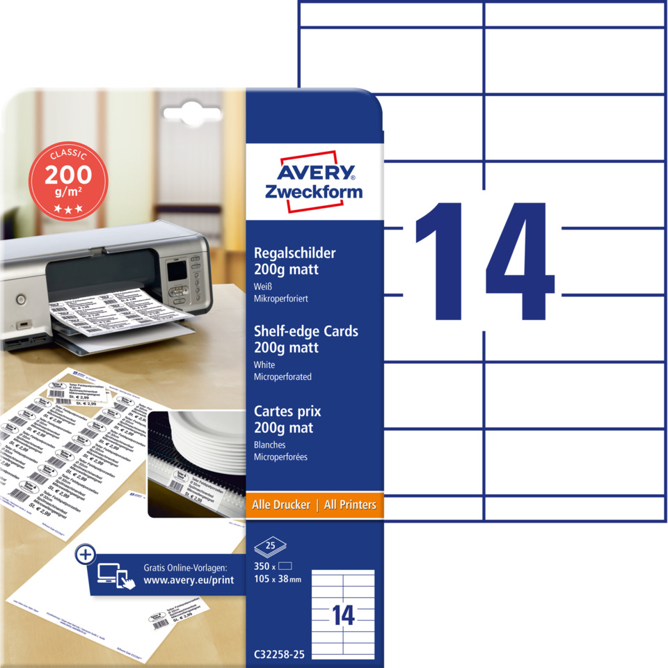 Avery Zweckform, Regalschild, 200g matt, Shelf-edge Cards, Printers