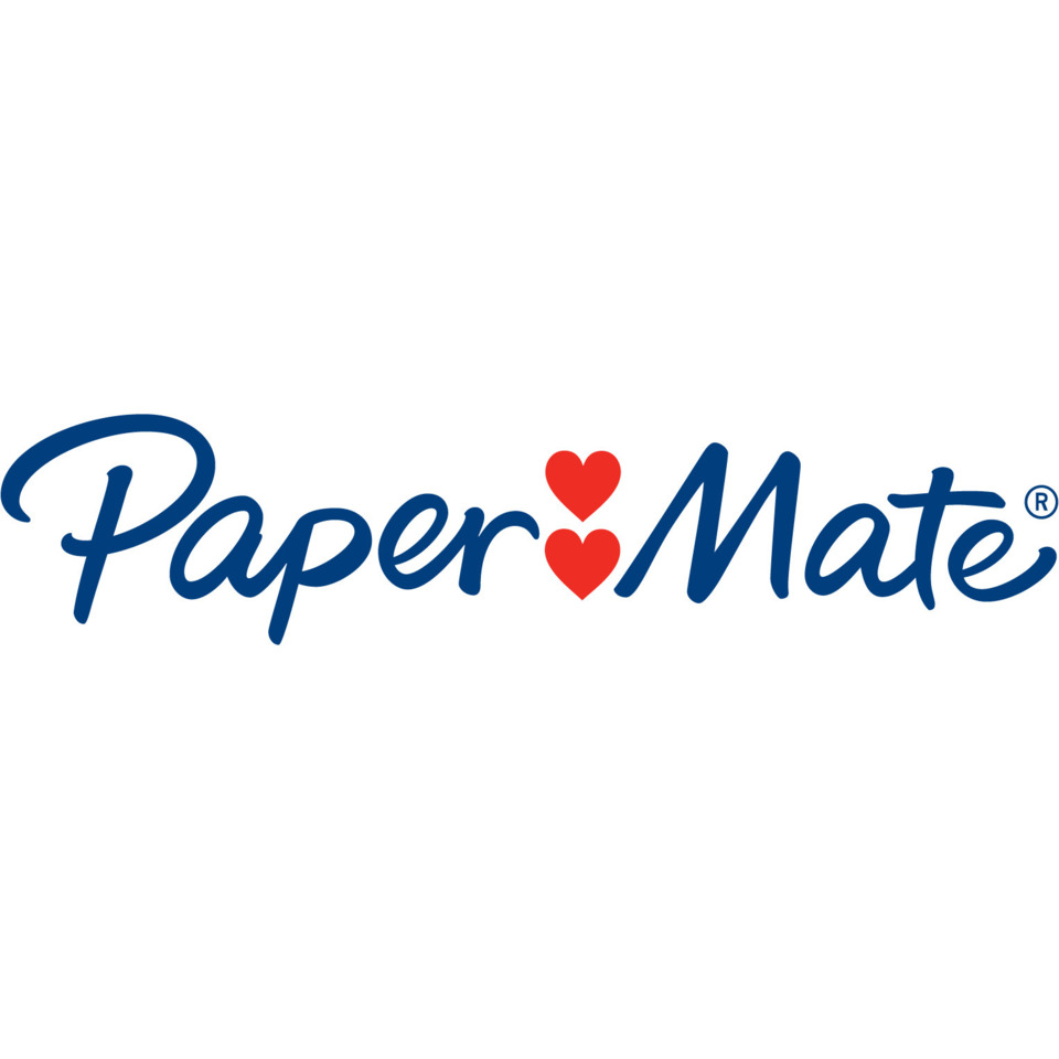 papiermate logo, logo, brand logo, blue text, red hearts