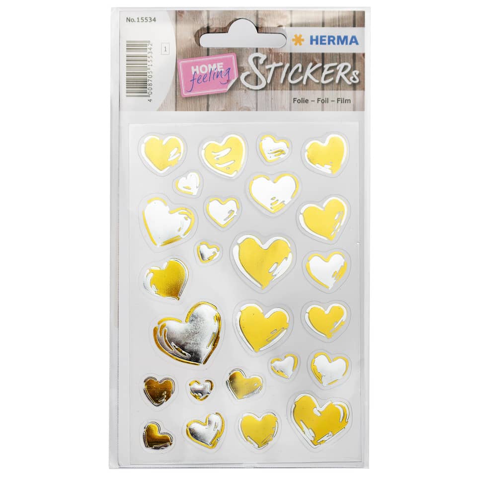 Herzen Sticker, Goldfarben, Folienaufkleber, Stickerbogen, Herzform