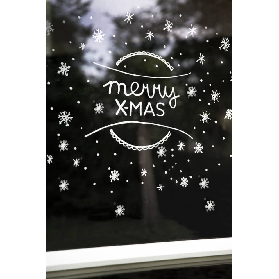 Fensteraufkleber, Frohe Weihnachten, Schneeflocken, Glassprint, weiße Druck