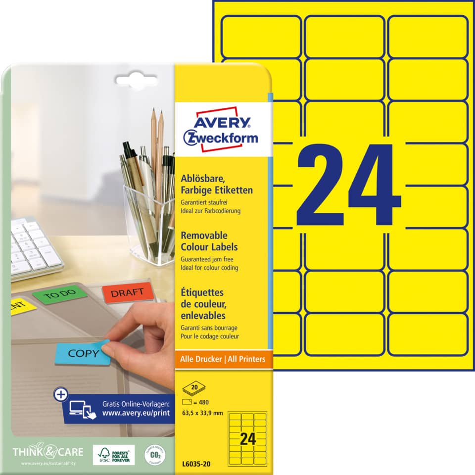 Etiketten, Entfernbare Etiketten, Farbdruck, Avery Zweckform, Bunte Klebeetiketten