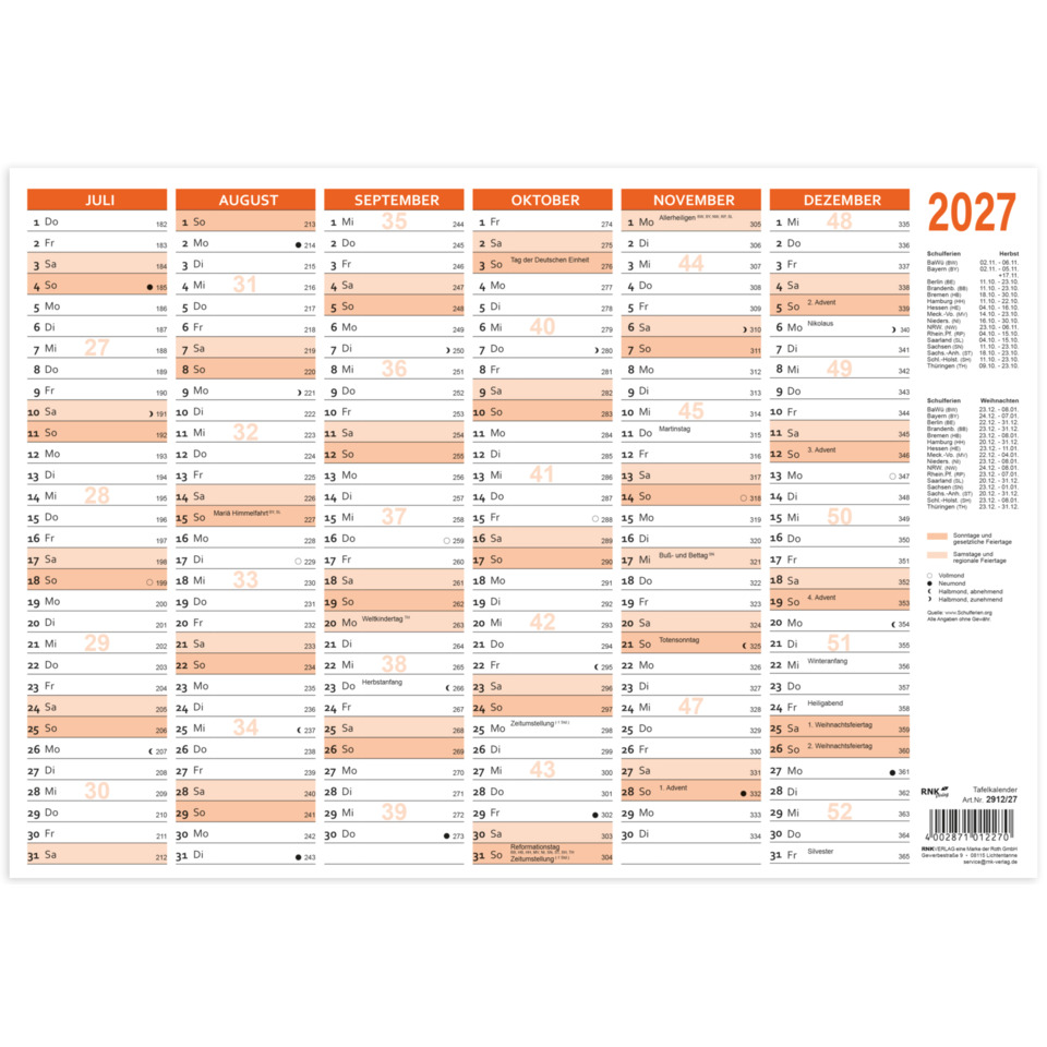 Kalender, Wandkalender, Monatskalender, Jahreskalender, 2027
