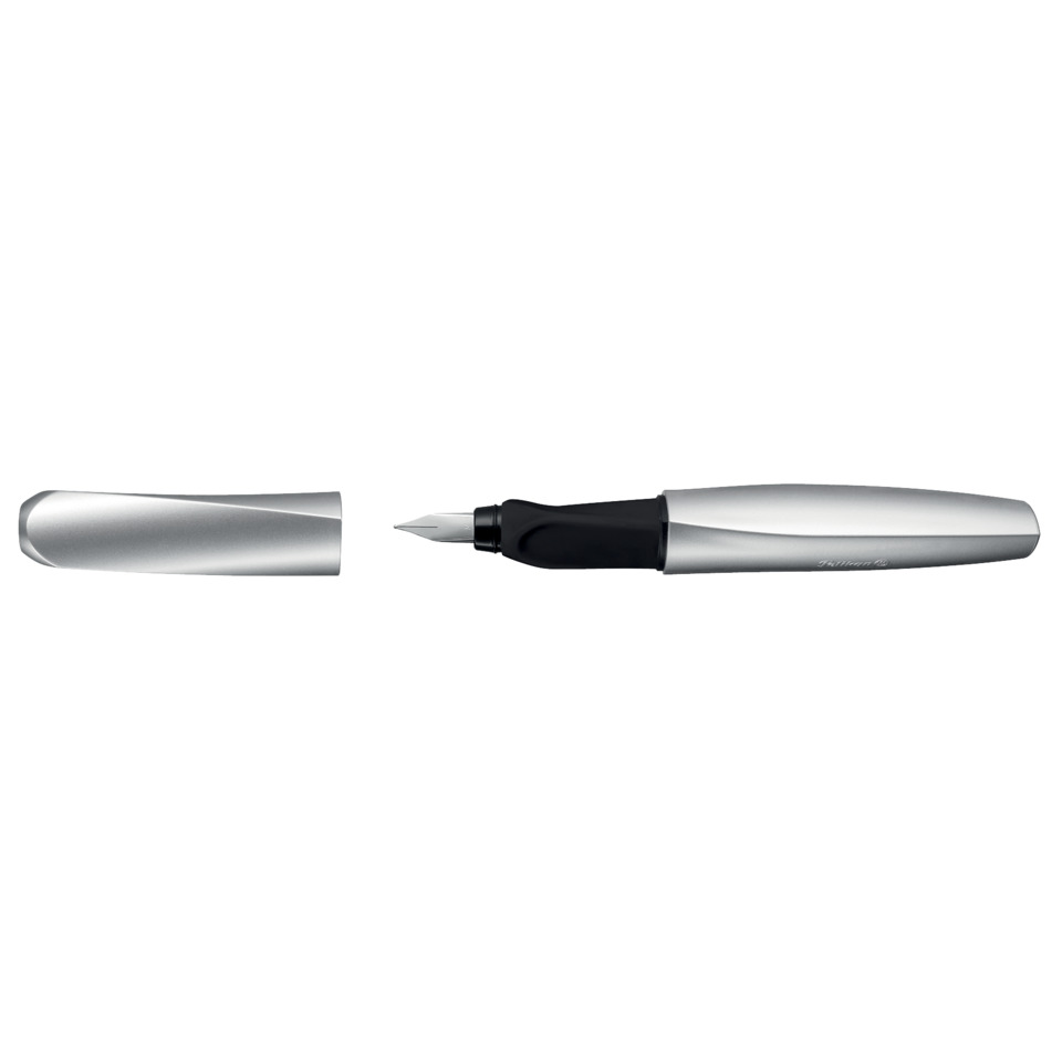 Fountain pen, Metal cap, Nib, Silver body, Black grip, Fountain pen, Metal body, Nib, Cap, Silver
