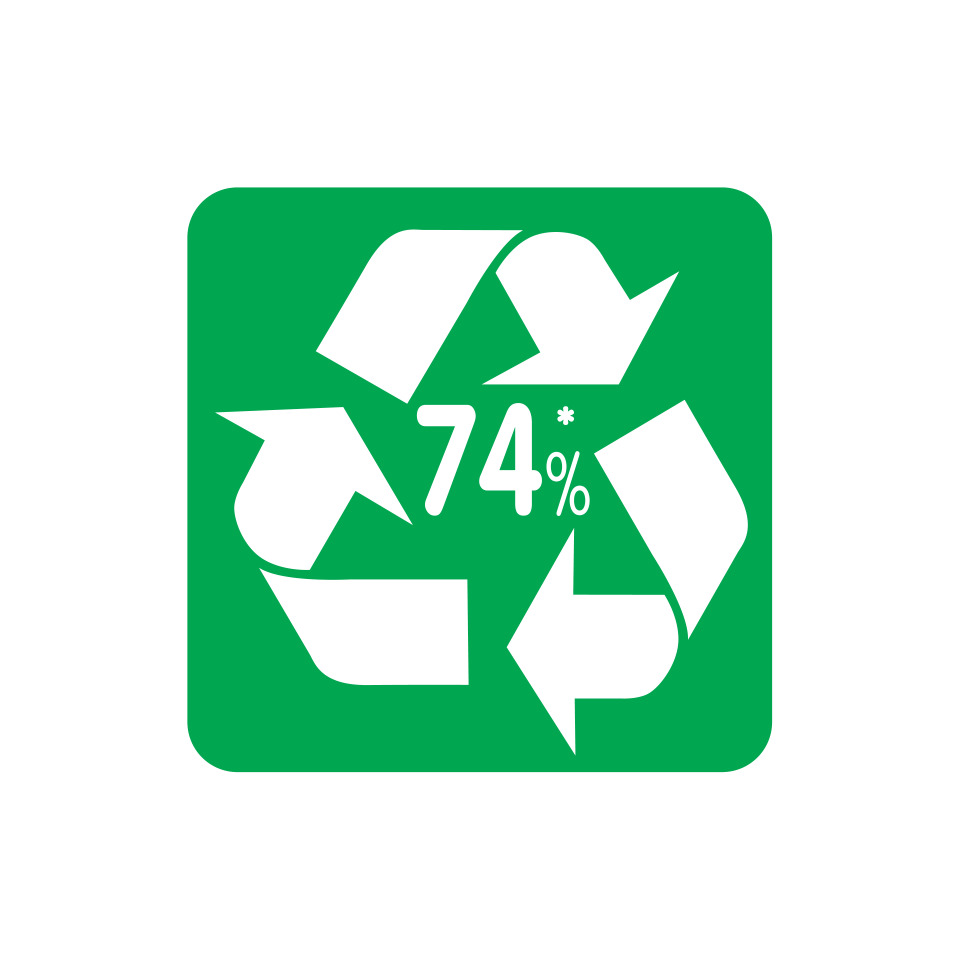 recycling symbol, 74 Prozent, Recycle, grünes Quadrat, Pfeile