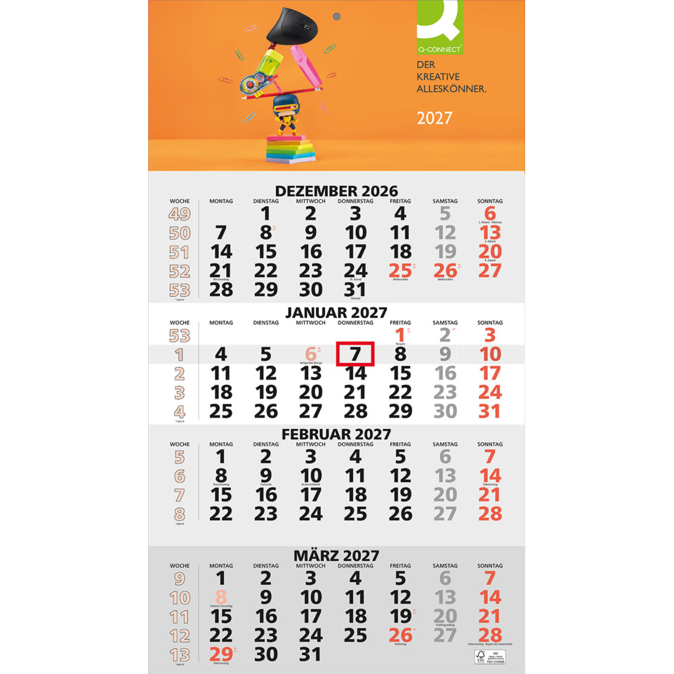 Kalender, Monatliche Kalender, Kalenderblatt, Januar 2027, Dezember 2026