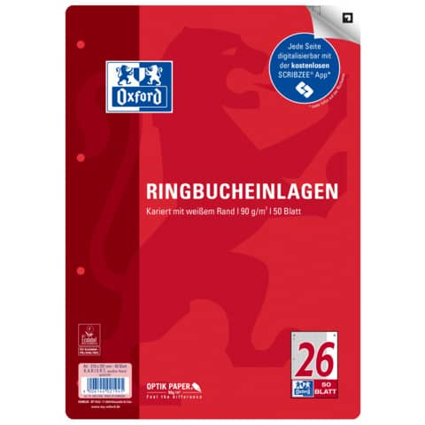 Ringbucheinlage, A4, 90g/m², 50 Blatt, Lin.26, liniert, rot OXFORD 400131580