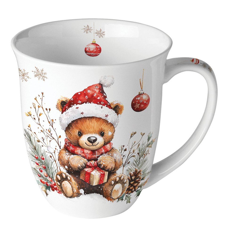 Weihnachtsbecher, Teddy, Weihnachtsmotiv, Tassenmotiv, Rot-Pfirsich