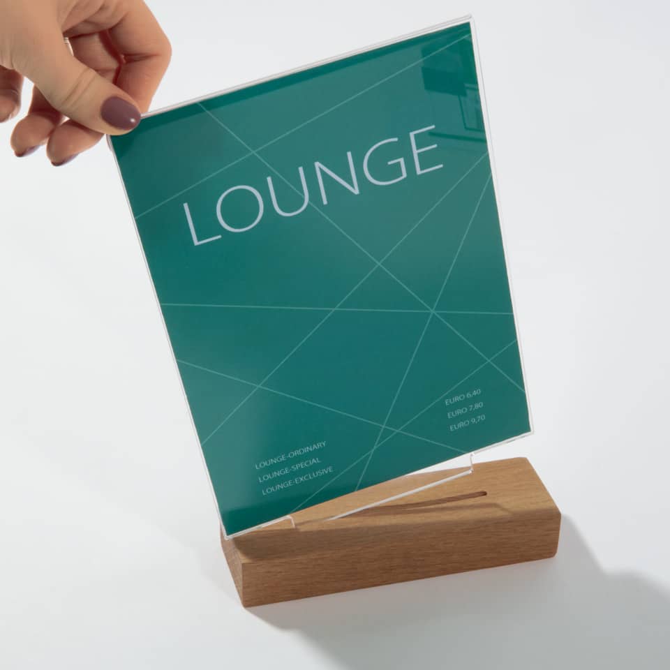 Lounge Broschüre, Display-Ständer, Holzbasism, Teal Karte, Kartenhalter