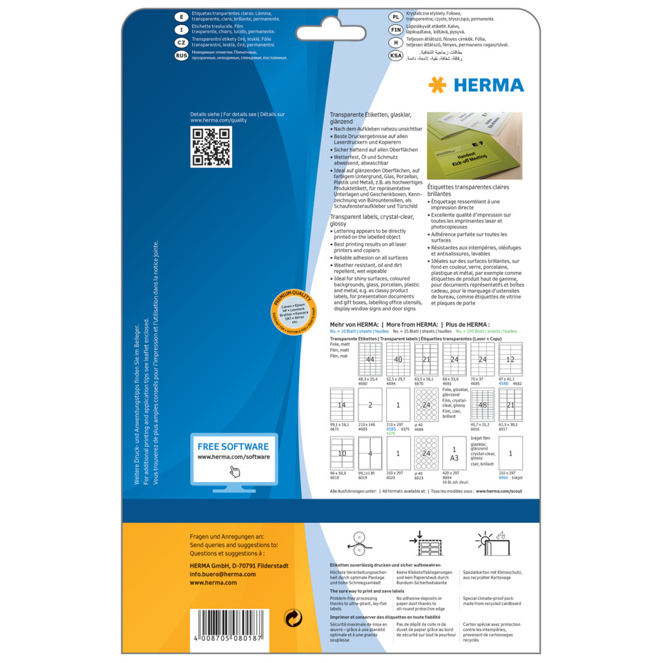 etiketten, glänzend, transparent, papier, herma, etiketten, transparente etiketten, blaues design, herma packaging, qr-code