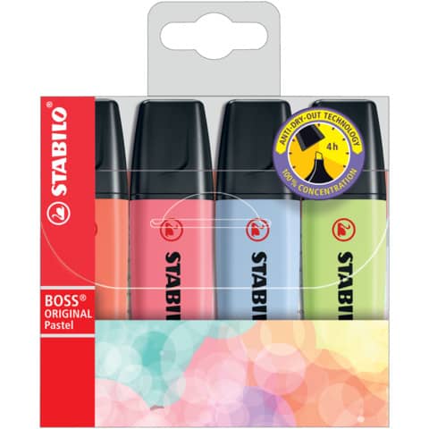 Textmarker BOSS® ORIGINAL Pastel, Etui mit 4 Stiften STABILO 70/4-3