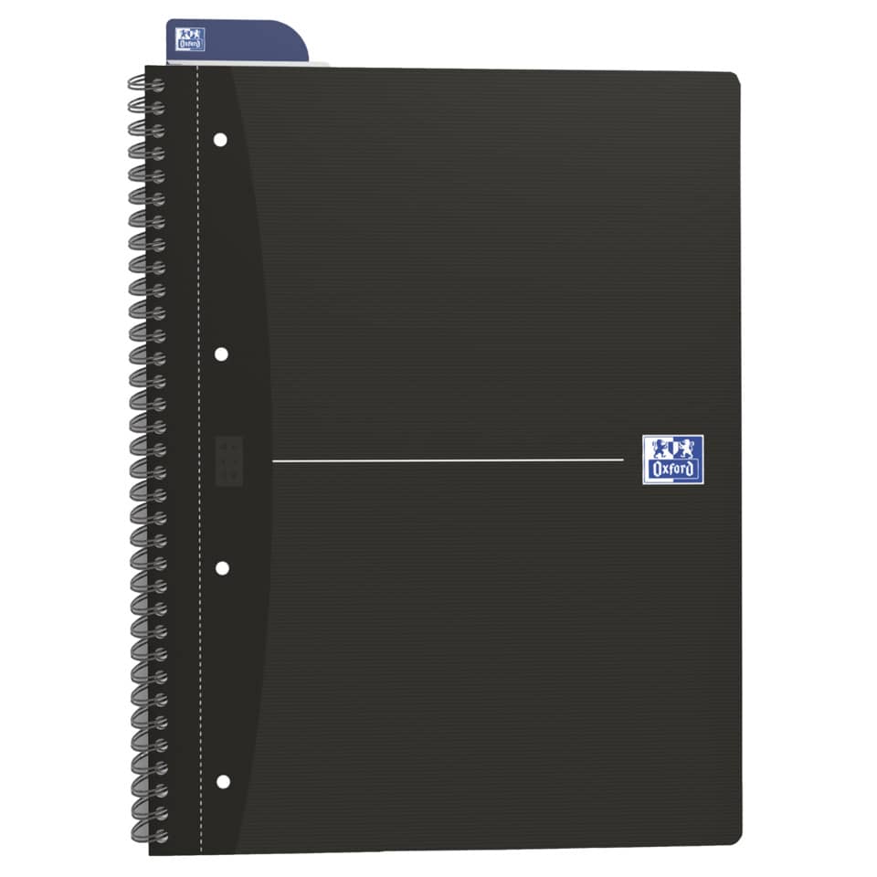 spiral notebook, black cover, composition notebook, Oxford logo, pocket tab