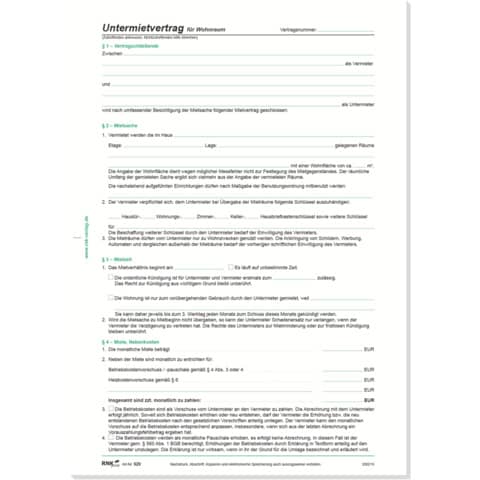 Untermietvertrag für Wohnräume, 4 Seiten, DIN A4, 10 Stück RNK 520/10
