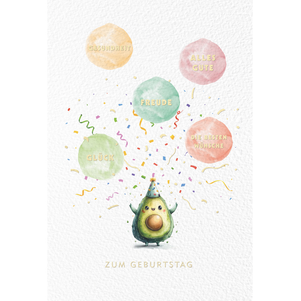 Avocado, Cartoon, Ballons, Geburtstag, Konfetti
