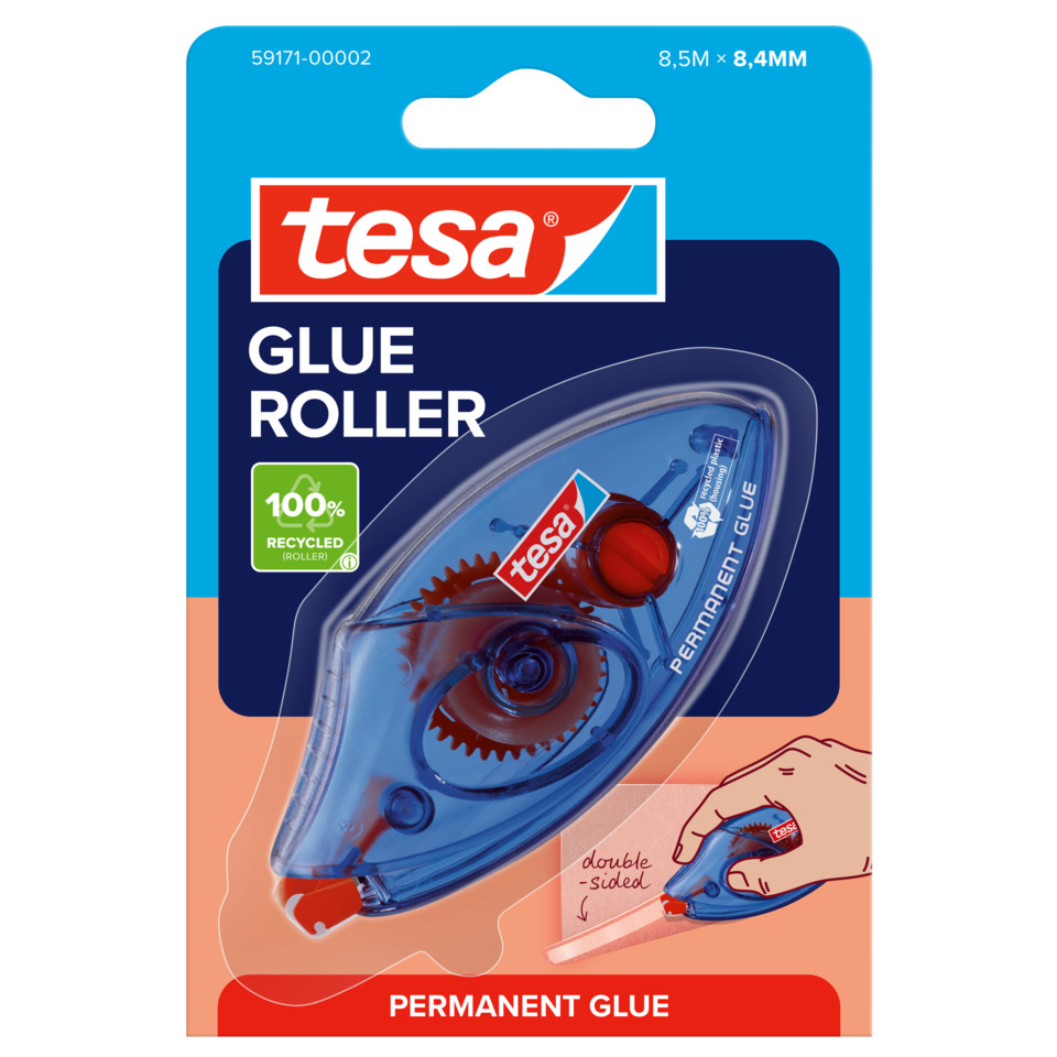 Kleberroller, Permanentkleber, Recycelt, Blaues Gehäuse, Doppelseitig