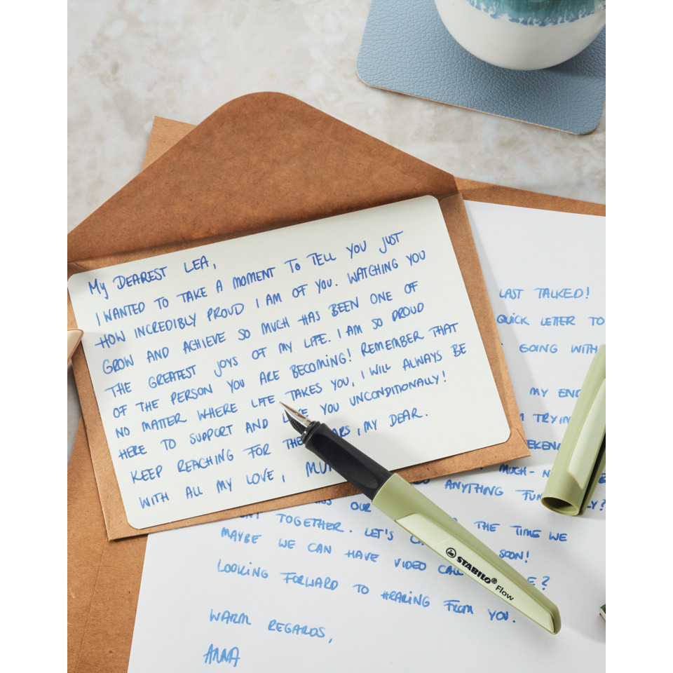 Notizbuch, Brief, Füllfederhalter, blaue Tinte, Briefumschlag