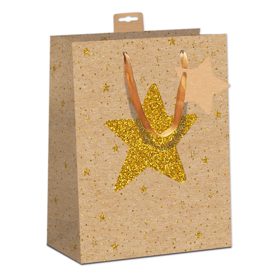 Geschenkverpackung, Papiertüte, Glitzerstern, Goldfarben, Stars