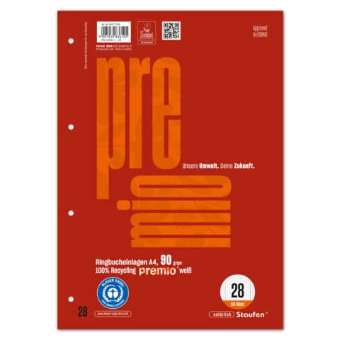 Ringbucheinlage Premio, DIN A4, 90 g/qm, kariert mit Rand innen und außen, LIN28, weiß, 50 Blatt STAUFEN PREMIO 040771028