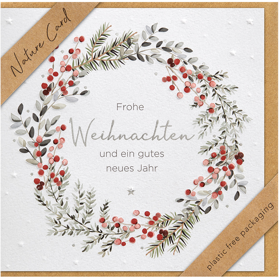 Weihnachtskarte, Wreath, Naturkarton, Kartenmotiv, Rote Beeren