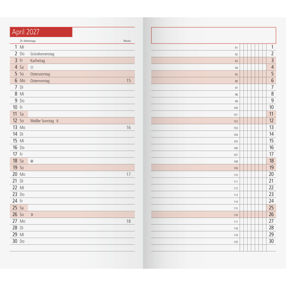 Kalender, April 2027, Monatskalender, Wochentage, Rückseite